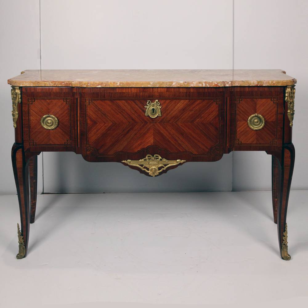  French 19th C Louis XV Marquetry Single Drawer Buffet with Cabriolet Legs and Wraparound Foliate Ormolu Sabots.