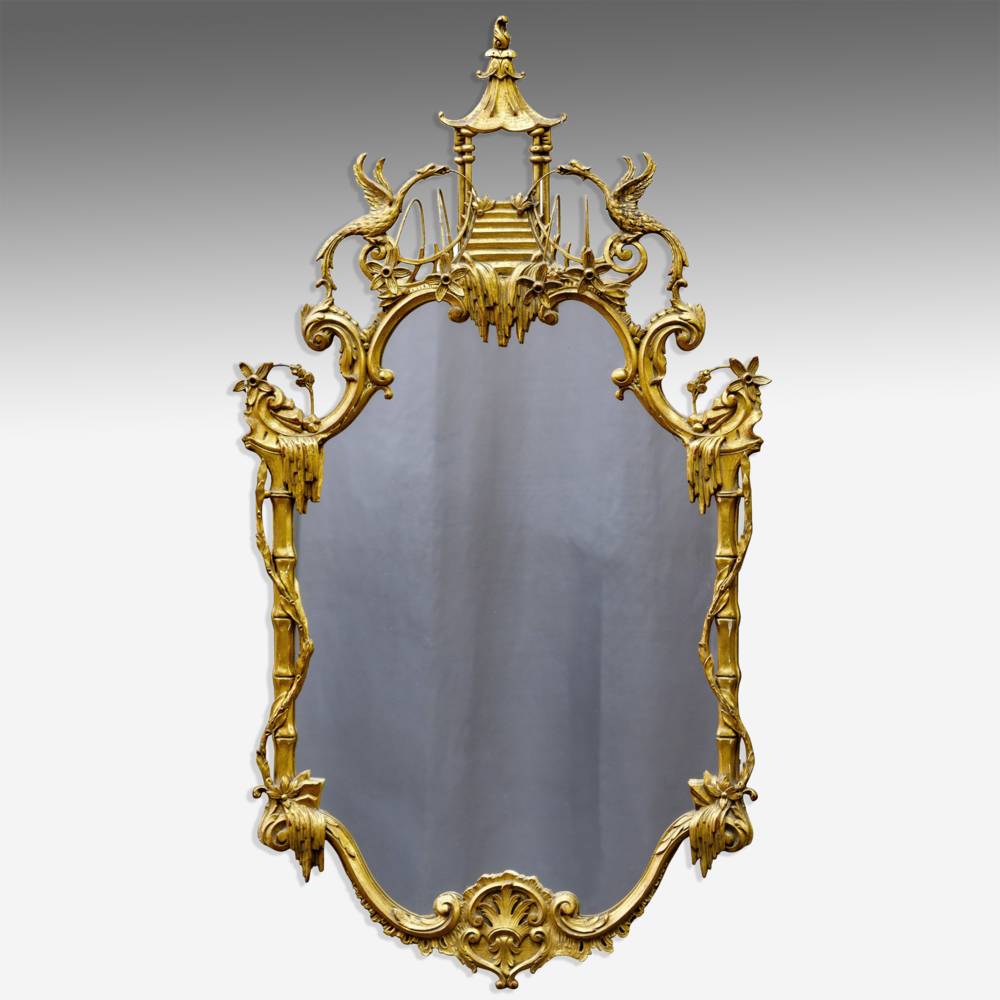 Chinese Chippendale Mirror 
with pagoda and phoenix bird details and flowers